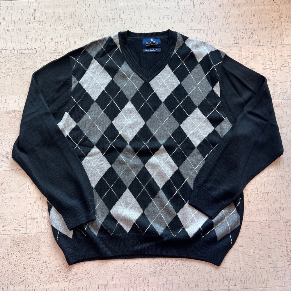 Austin Reed Argyle V-Neck Sweater Mens XL Black Gray Italian Merino Wool Good